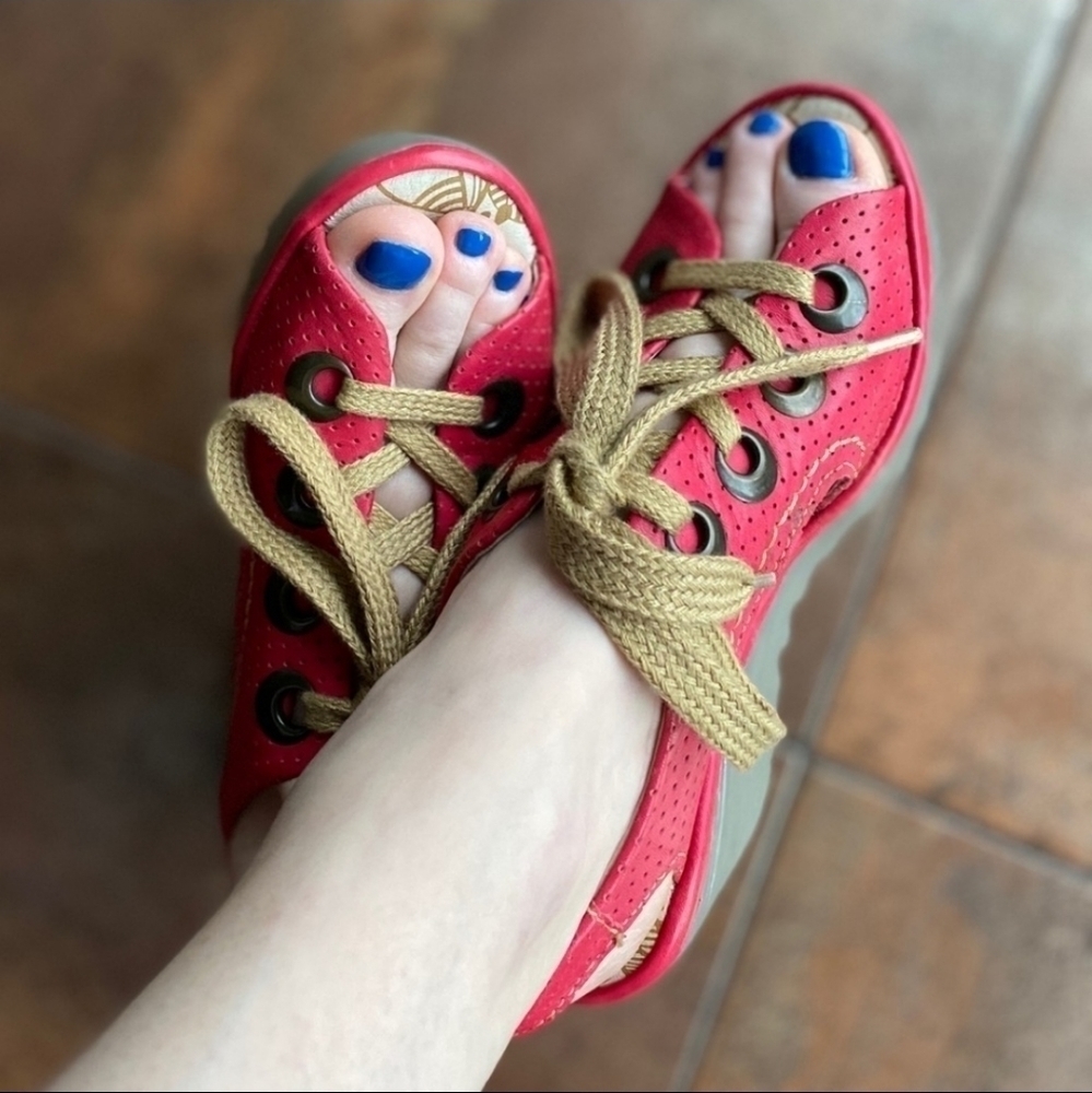 Fly London YLVA Cashmere Rubi Leather Lace Up Wedge Platform Sandals New Size 10